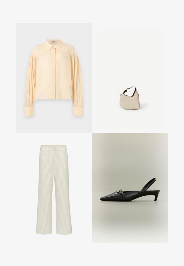 Camisa beige de manga larga con botones, cuello puntiagudo y detalles de tela fruncida en los hombros y puños.; Pantalones de pierna ancha en tela color crema con sutiles rayas verticales, con cintura plana y lazos para cinturón. Textura suave sin bolsillos.; Zapato de tacón bajo tipo kitten en piel negra con talón descubierto, punta puntiaguda y hebilla pequeña color dorado sobre un fondo liso.; Bolso de cuero beige en forma de media luna con una sola correa para el hombro y costuras mínimas, colocado sobre un fondo blanco liso.