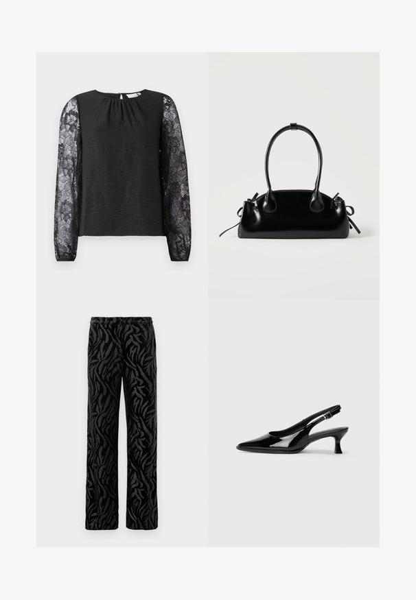 Top negro de manga larga con cuerpo de tela texturizada y mangas de encaje floral. Cierre en la espalda con forma de ojo de cerradura y un lazo. Diseño elegante y detalles cuidados.; Pantalones negros con un patrón texturizado y en espiral. Fabricados con un material suave, tienen un corte de pierna recta y una cinturilla elástica para mayor comodidad.; Zapatos de charol negro tipo slingback con punta afilada y tacón bajo. Correa ajustable con hebilla en el tobillo.; Pequeño bolso negro brillante con dos asas largas y detalles de cordón lateral sobre un fondo claro liso.