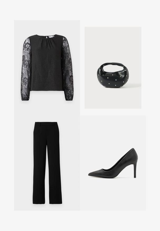 Haut noir à manches longues avec un corps en tissu texturé et des manches en dentelle florale. Fermeture au dos en forme de trou clé avec une boucle. Design élégant et détails soignés.; Pantalons larges noirs en tissu lisse, avec une taille plate, deux poches latérales et une ceinture ajustée pour un look raffiné.; Escarpin noir à talon aigu, en cuir lisse, présentant un design élégant et un talon cylindrique fin.; Sac à main en cuir noir de forme arrondie, décoré de clous argentés et équipé d'une poignée courte. Texture lisse et fermeture éclair.