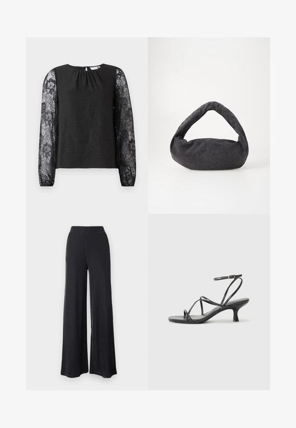 Čierny top s dlhým rukávom z textúrovanej látky s kvetinovými čipkovými rukávmi. Uzáver na zadnej strane v tvare kľúčovej dierky s očkom. Elegantný dizajn a podrobné akcenty.; Čierne nohavice s voľnými nohavicami vyrobené z mäkkého, elastického materiálu s jemným leskom, s elastickým pásom a uvoľneným strihom.; Čierne lodičky na podpätku s tenkými remienkami, otvorenou špičkou a malým rozšíreným podpätkom. Materiál vyzerá hladko a lesklo.; Tmavošedá látková taška s zakrivenou rúčkou, jemnou textúrou a zaobleným tvarom. Bez viditeľného hardvéru alebo ozdôb.
