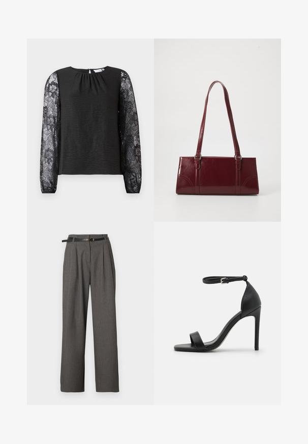 Čierny top s dlhým rukávom z textúrovanej látky s kvetinovými čipkovými rukávmi. Uzáver na zadnej strane v tvare kľúčovej dierky s očkom. Elegantný dizajn a podrobné akcenty.; Sivé nohavice na vysoký pás s záhybmi a bočnými vreckami, štýlovo doplnené tenkým čiernym opaskom s okrúhlou zlatou prackou.; Čierne sandále na vysokom opätku s elegantným dizajnom, obsahujúce popruh okolo členka, otvorenú špičku a hladký kožený povrch.; Bordová kabelka vyrobená z lesklého materiálu, obdĺžnikový tvar, s dvoma ramennými popruhmi a jemnými zakrivenými akcentmi na prednej strane.