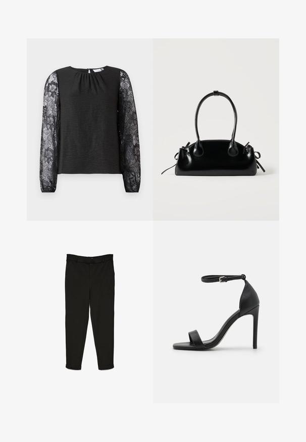 Haut noir à manches longues avec un corps en tissu texturé et des manches en dentelle florale. Fermeture au dos en forme de trou clé avec une boucle. Design élégant et détails soignés.; Pantalon noir en tissu tissé, avec une coupe droite, un devant plat et des bas de jambes avec revers pour un look épuré.; Sandale noire à talons hauts au design épuré, avec une bride au niveau de la cheville, un bout ouvert et une texture en cuir lisse.; Petit sac à main noir brillant avec deux longues anses et des détails à cordon sur les côtés sur un fond clair uni.