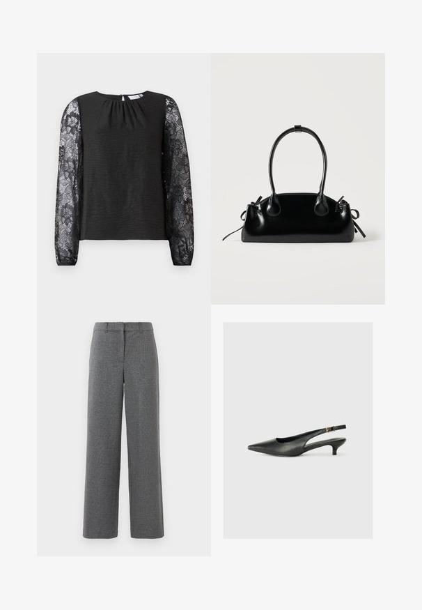 Haut noir à manches longues avec un corps en tissu texturé et des manches en dentelle florale. Fermeture au dos en forme de trou clé avec une boucle. Design élégant et détails soignés.; Pantalons gris en tissu texturé et tissé. Design à jambes larges, devant plat et sans matériel ou accents visibles. Convient pour une tenue formelle.; Chaussure slingback noire à bout pointu en cuir lisse. Présente un talon fin et un détail de boucle sur la sangle réglable.; Petit sac à main noir brillant avec deux longues anses et des détails à cordon sur les côtés sur un fond clair uni.