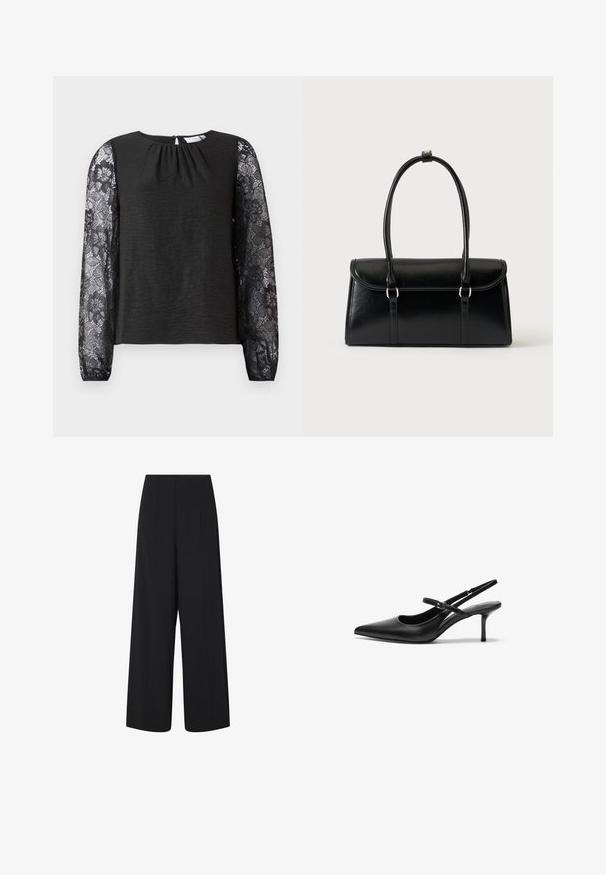 Haut noir à manches longues avec un corps en tissu texturé et des manches en dentelle florale. Fermeture au dos en forme de trou clé avec une boucle. Design élégant et détails soignés.; Pantalons noirs évasés cropped avec taille haute et poches latérales, présentant des détails de coutures verticales subtiles.; Talons aiguilles noires en cuir avec un bout pointu, une fine bride réglable, et un talon aiguille d'environ 5 cm, texture lisse.; Sac à main rectangulaire en cuir noir avec fermeture à rabat et deux longues anses sur fond blanc uni.