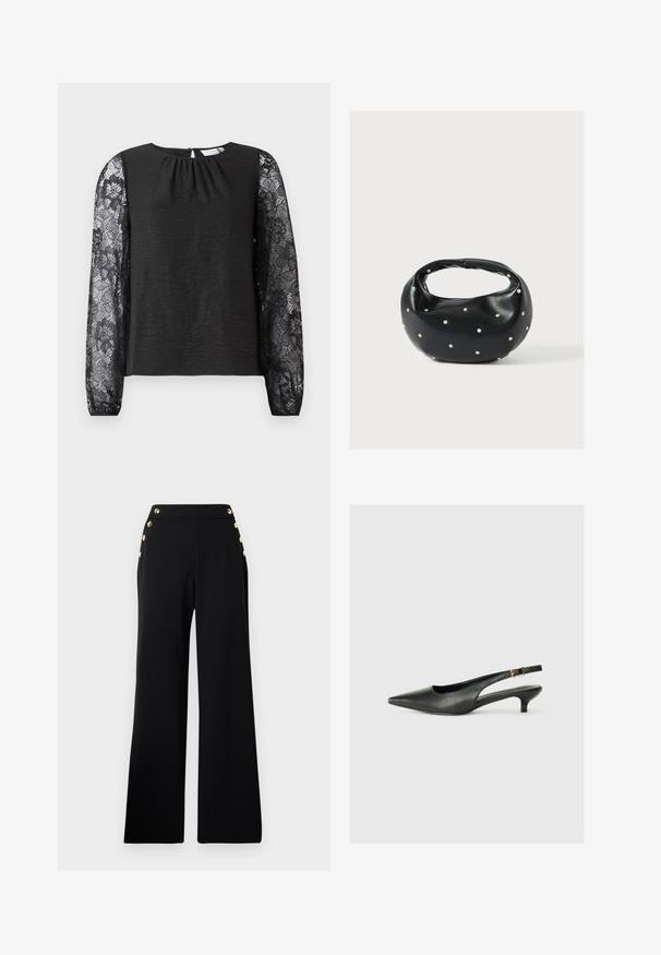 Top negro de manga larga con cuerpo de tela texturizada y mangas de encaje floral. Cierre en la espalda con forma de ojo de cerradura y un lazo. Diseño elegante y detalles cuidados.; Pantalones de pierna ancha de talle alto en negro con botones dorados en la parte delantera y bolsillos en ambas caderas sobre un fondo blanco.; Zapato de tacón slingback negro de punta afilada, hecho de cuero suave. Presenta un tacón delgado y un detalle de hebilla en la correa ajustable.; Bolso de mano de cuero negro con forma redondeada, decorado con detalles de tachuelas plateadas y un asa corta. Textura lisa y cierre con cremallera.