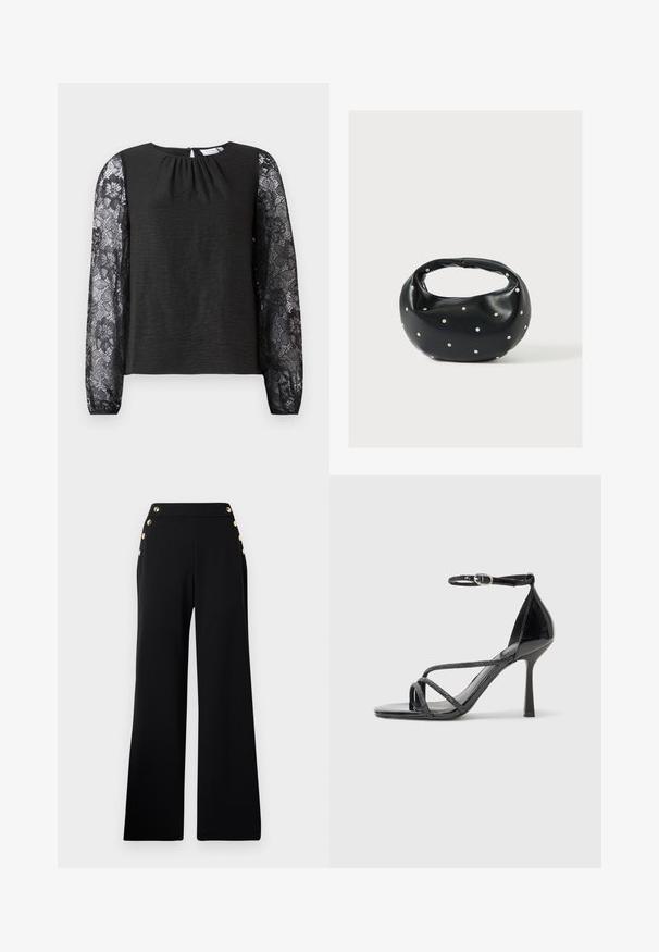 Top negro de manga larga con cuerpo de tela texturizada y mangas de encaje floral. Cierre en la espalda con forma de ojo de cerradura y un lazo. Diseño elegante y detalles cuidados.; Pantalones de pierna ancha de talle alto en negro con botones dorados en la parte delantera y bolsillos en ambas caderas sobre un fondo blanco.; Sándalo de charol negro con tacón alto y correa en el tobillo, que presenta tiras entrelazadas y una puntera afilada y elegante.; Bolso de mano de cuero negro con forma redondeada, decorado con detalles de tachuelas plateadas y un asa corta. Textura lisa y cierre con cremallera.