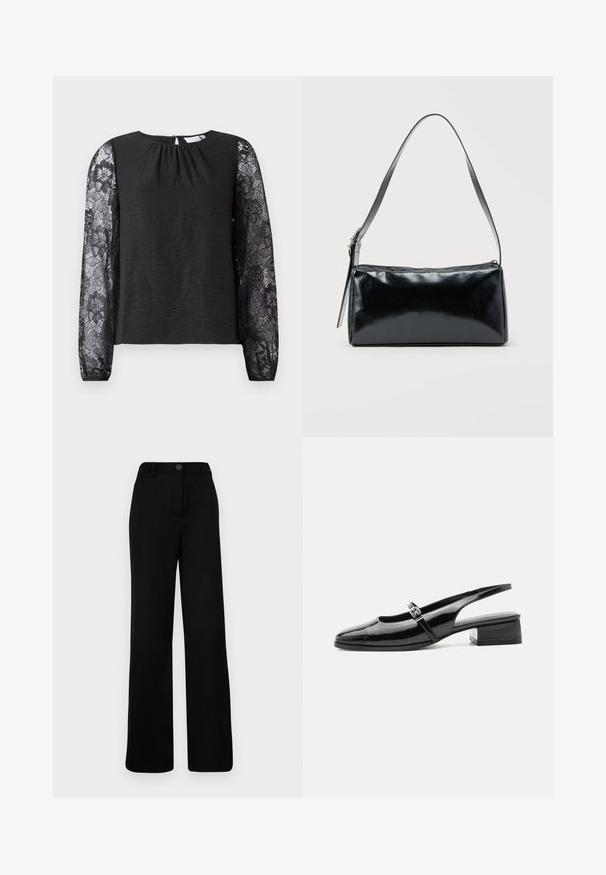 Haut noir à manches longues avec un corps en tissu texturé et des manches en dentelle florale. Fermeture au dos en forme de trou clé avec une boucle. Design élégant et détails soignés.; Pantalons larges noirs à devant plat, fermeture à bouton et taille structurée. Fabriqués en tissu lisse avec un design ajusté.; Chaussure slingback en cuir verni noir avec un petit talon bloc et une fine bride avec une boucle argentée sur le dessus.; Sac d'épaule rectangulaire noir avec une sangle réglable unique et une fermeture éclair supérieure sur un fond uni.