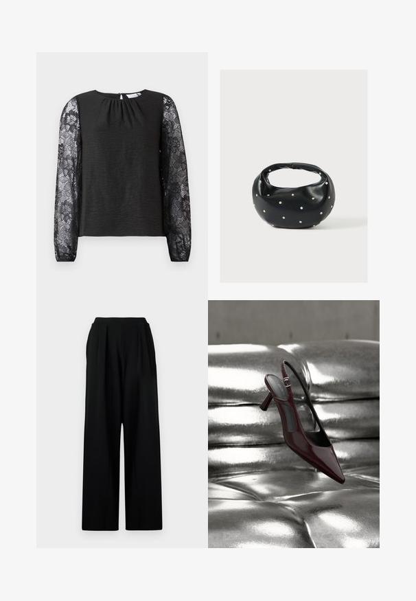 Zwart langemouwtop met een body van textuurstof en floral kantmouwen. Sluiting met keyhole aan de achterkant met een lus. Elegante uitstraling en gedetailleerde accenten.; Zwarte wijde broek met hoge taille, voorzien van voorplooien en een gladde, gestructureerde stof. Geen zichtbare zakken of versieringen.; Glanzende donkerrode slingback pumps met hoge hak en puntige neus, gepresenteerd op een glanzend zilveren, getuft leren oppervlak.; Zwarte leren handtas met een afgeronde vorm, versierd met zilveren studs, en een korte handgreep. Gladde textuur en ritsluiting.