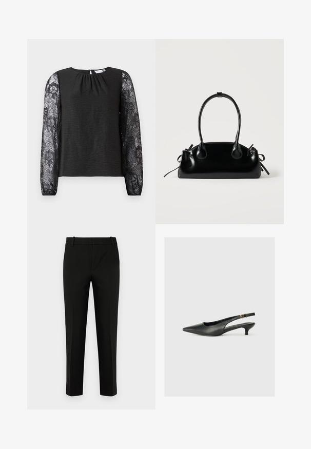 Top negro de manga larga con cuerpo de tela texturizada y mangas de encaje floral. Cierre en la espalda con forma de ojo de cerradura y un lazo. Diseño elegante y detalles cuidados.; Pantalones negros de corte ajustado, con un frente plano, bolsillos laterales y una textura suave. Diseñados con una cintura de altura media y perneras estrechas.; Zapato de tacón slingback negro de punta afilada, hecho de cuero suave. Presenta un tacón delgado y un detalle de hebilla en la correa ajustable.; Pequeño bolso negro brillante con dos asas largas y detalles de cordón lateral sobre un fondo claro liso.