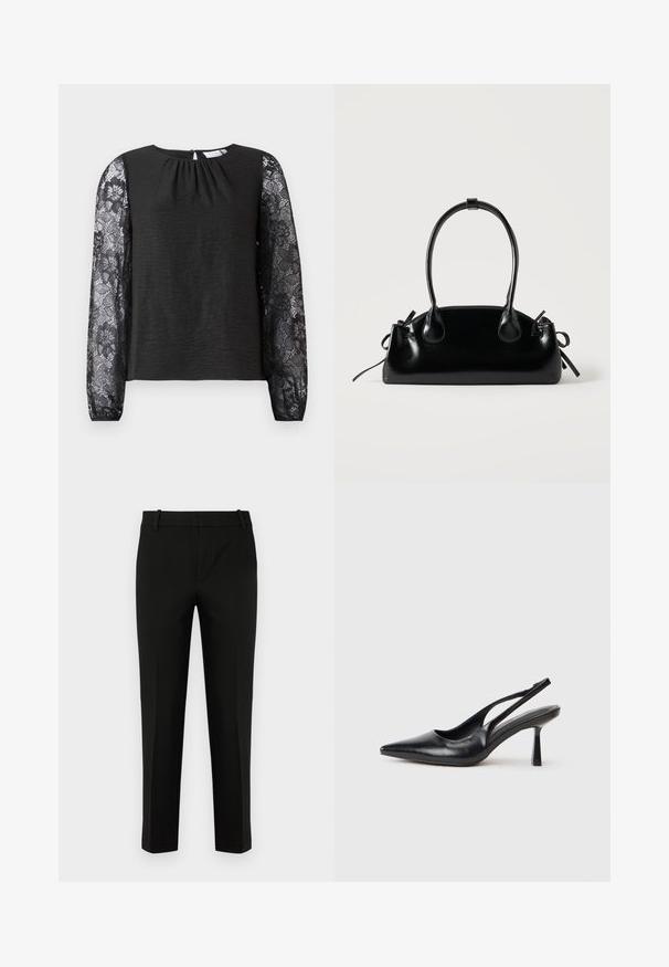 Sort langærmet top med tekstureret stof og blomsterlacemanchetter. Nøglehulslukning bagpå med en løkke. Elegant design og detaljerede accenter.; Sort bukser med slim fit, der har flad front, sidelommer og en glat tekstur. Designet med mellemhøj talje og tapered ben.; Sort læderslagback højhælet sko med spids tå og slank hæl på en hvid baggrund.; Lille sort blank håndtaske med to lange håndtag og snøre-detaljer i siden på en ensfarvet lys baggrund.