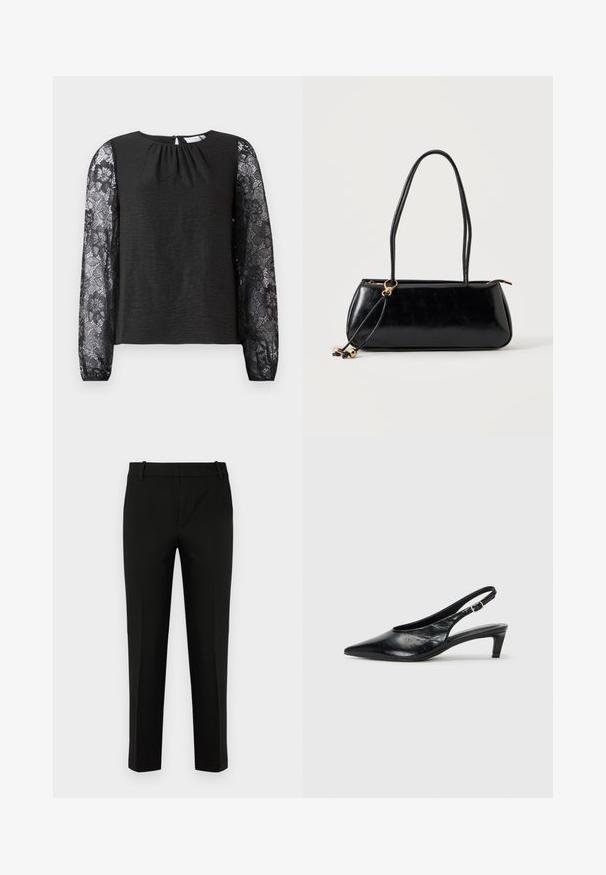 Haut noir à manches longues avec un corps en tissu texturé et des manches en dentelle florale. Fermeture au dos en forme de trou clé avec une boucle. Design élégant et détails soignés.; Pantalons noirs à coupe slim, avec un devant plat, des poches latérales et une texture lisse. Conçus avec une taille mi-haute et des jambes fuselées.; Escarpin à bride arrière en cuir noir avec un bout pointu, un petit talon et une sangle à boucle réglable. Texture lisse avec un minimalisme dans les détails.; Sac à main rectangulaire noir avec deux longues bandoulières, détail anneau doré et fermeture éclair sur un fond clair uni.