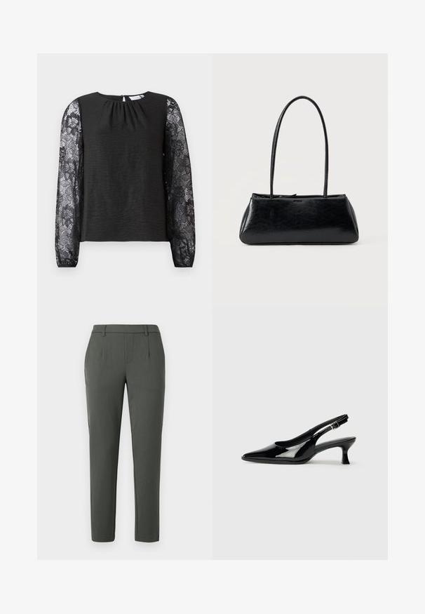 Haut noir à manches longues avec un corps en tissu texturé et des manches en dentelle florale. Fermeture au dos en forme de trou clé avec une boucle. Design élégant et détails soignés.; Pantalon vert foncé avec une coupe ajustée, doté de deux poches latérales, d'une braguette zippée et de détails de pli pour un design structuré.; Escarpins en cuir verni noir avec un bout pointu et un petit talon carré. Sangle réglable à la cheville avec boucle.; Sac à épaule rectangulaire noir avec de longues bretelles fines et une texture lisse et brillante sur un fond uni.