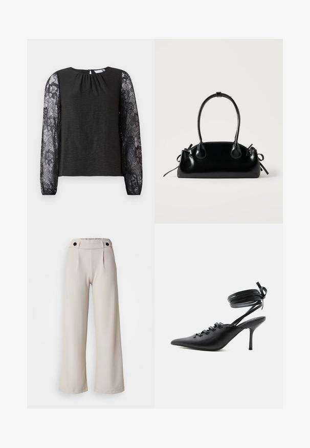 Top negro de manga larga con cuerpo de tela texturizada y mangas de encaje floral. Cierre en la espalda con forma de ojo de cerradura y un lazo. Diseño elegante y detalles cuidados.; Pantalones de pierna ancha plisados en tejido de color beige claro con una textura suave, que cuentan con una cintura fruncida y dos botones negros en la cinturilla.; Zapato de tacón alto negro con punta puntiaguda, con cordones en la parte delantera y correas que rodean el tobillo atadas con un lazo, mostrado de lado sobre un fondo blanco.; Pequeño bolso negro brillante con dos asas largas y detalles de cordón lateral sobre un fondo claro liso.