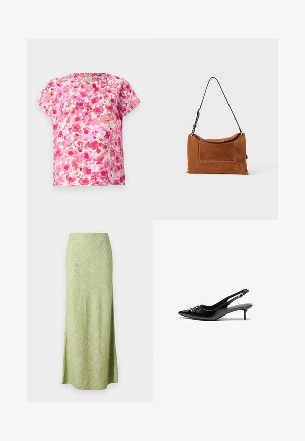 Blusa corta de manga corta en tonos de rosa y coral, con un corte holgado, escote redondo y tejido suave con un estampado de acuarela.; Samsøe Samsøe AGNETA LONG SKIRT - Falda larga - peridot mel; Tacones slingback de cuero negro con punta puntiaguda, tacón bajo de estilo kitten y detalle fruncido en el empeine. Textura suave y diseño minimalista.; Bolso de hombro marrón de ante con una larga correa negra ajustable y un detalle de bolsillo frontal rectangular sobre un fondo liso.