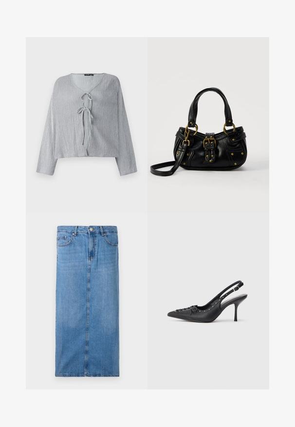 Hele halli lühike pluus pikkade varrukatega, V-kaelusega ja esiotsaga sidumisega. Tekstureeritud kangas näitab peeneid vertikaalseid jooni.; Heledsinine denim midi seelik, millel on sirge siluett, eesmine õmblus ja tavaline talje koos viie vöökohaga ja metallnupuga kinnitamine.; Must musta sanga kaelaga stilettod, terav nina, külgse pandla rihm, nurgas nublud ja dekoratiivne nöörimine ees.; Must nahast käekott kuldse pandla ja neetidega, lühikeste sangade ning reguleeritava õlarihmaga, valgel taustal.