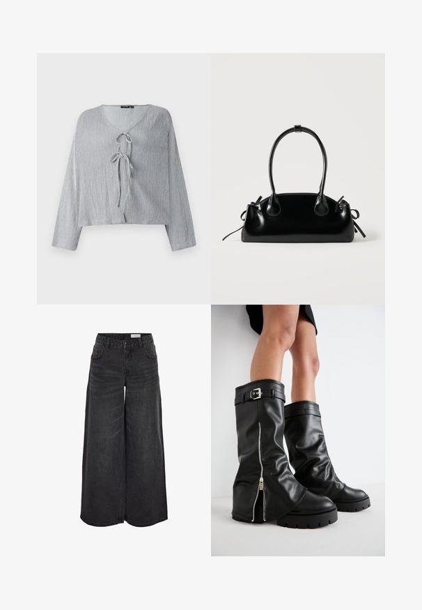 Lichtgrijze cropped blouse met lange mouwen, V-hals en sluiting met een strik aan de voorkant. De textuur van de stof vertoont subtiele verticale lijnen.; Zwarte denim broek met wijde pijpen en hoge taille, voorzien van voorzakken en een subtiele textuur; ontworpen voor een ontspannen pasvorm.; Zwarte leren kniehoge laarzen met een brede schacht, voorzien van een zijrits en een gespaccent, met een gestructureerde afwerking en een chunky rubberen zool.; Kleine zwarte glanzende handtas met twee lange hengsels en zijkant trekkoord details op een effen lichte achtergrond.