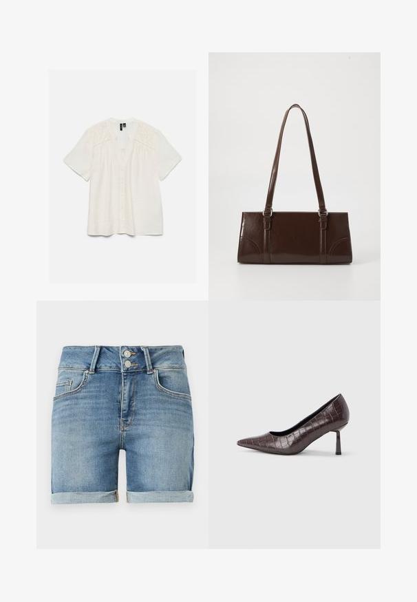 Blouse blanche à manches courtes avec boutonnière sur le devant et broderie florale découpée aux épaules et en haut de la poitrine.; Shorts en denim bleu avec ourlets retroussés, fermeture à double bouton, passants pour ceinture et poches avant sur fond blanc.; Escarpins à bout pointu en similicuir marron avec une texture crocodile, dotés d’un talon fin et angulaire ainsi que d’une doublure intérieure lisse.; Sac à main en cuir verni marron de forme rectangulaire, avec deux longues poignées et des accents courbés subtils à l'avant.