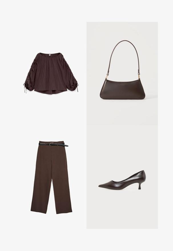 Blouse marron foncé avec manches bouffantes froncées et liens à nouer aux poignets, encolure ronde et ourlet légèrement arrondi.; Pantalons larges marron avec une texture lisse, dotés d'une ceinture noire et d'une taille ajustée, offrant une coupe structurée.; Escarpin en cuir marron foncé à bout pointu avec petit talon incurvé sur fond blanc.; Sac à main en cuir marron foncé avec une fermeture éclair incurvée en haut et une fine bandoulière avec des fermoirs dorés sur un fond uni.
