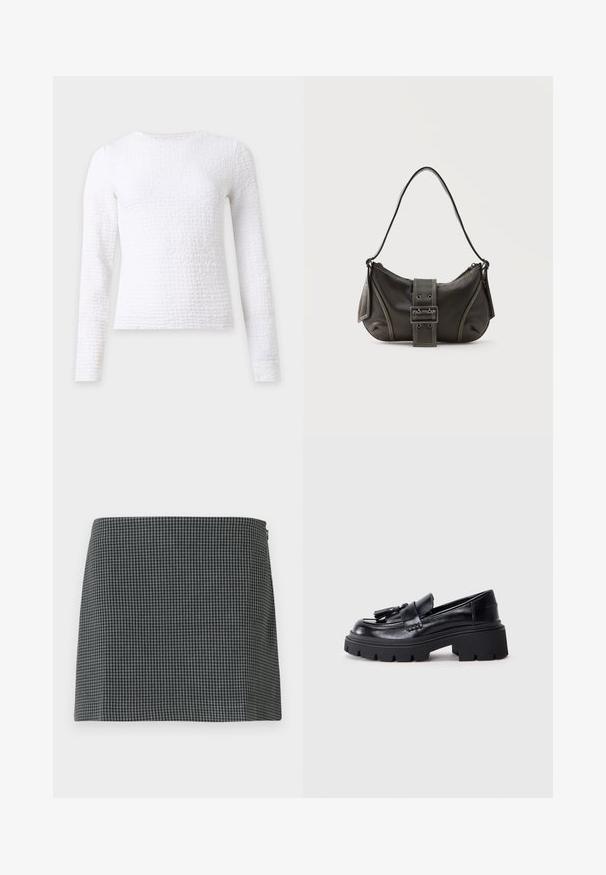 Top en tricot blanc texturé à manches longues, col rond et silhouette ajustée sur fond uni.; Jupe en damier noir et blanc en tissu à la texture lisse. Présente une silhouette droite et une fermeture éclair sur le côté.; Mocassins en cuir noir avec une semelle épaisse et dentelée, ornés d'un pompon décoratif à l'avant et d'une texture lisse et brillante.; Sac à épaule en cuir noir avec une sangle à boucle, des bords arrondis et des coutures blanches contrastées sur un fond uni.