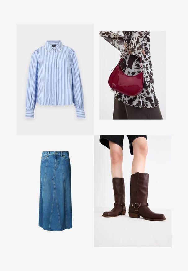 Lyseblå bluse med lodrette mørkeblå og hvide striber, lange puffede ærmer, manchetter med knapper og en rundet krave med bølget blonder.; Lys blå denimnederdel i knælængde med en tætsiddende talje, knaplukning og frontlommer; har en paneleret design og rå kant.; Brune læder knæhøje støvler med rund tå, struktureret overflade, ankelrem og sølvhardware detaljer; stablet hæl.; Kvinde iført en sort- og hvidmønstret bluse, der holder en blank rød skuldertaske mod en ensfarvet baggrund.