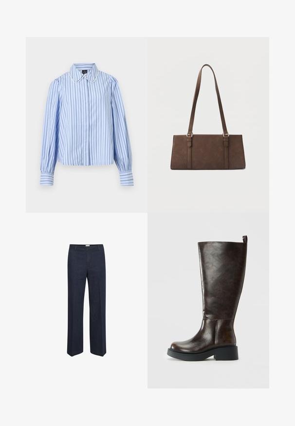 Lichtblauwe blouse met verticale donkerblauwe en witte strepen, lange pofmouwen, knoopmanchetten en een afgeronde kraag met gekartelde, kantachtige afwerking.; Donkerblauwe, wijde jeans met een klassieke tailleband en voorzakken, ontworpen voor een comfortabele pasvorm en veelzijdige stijl.; Donkerbruine leren kniehoog laars met een ronde neus, stevige zwarte zool, lage blokhak en een trekknoop aan de bovenkant achter.; Bruine rechthoekige schoudertas met lange riemen en minimale stikdetails op een effen achtergrond.