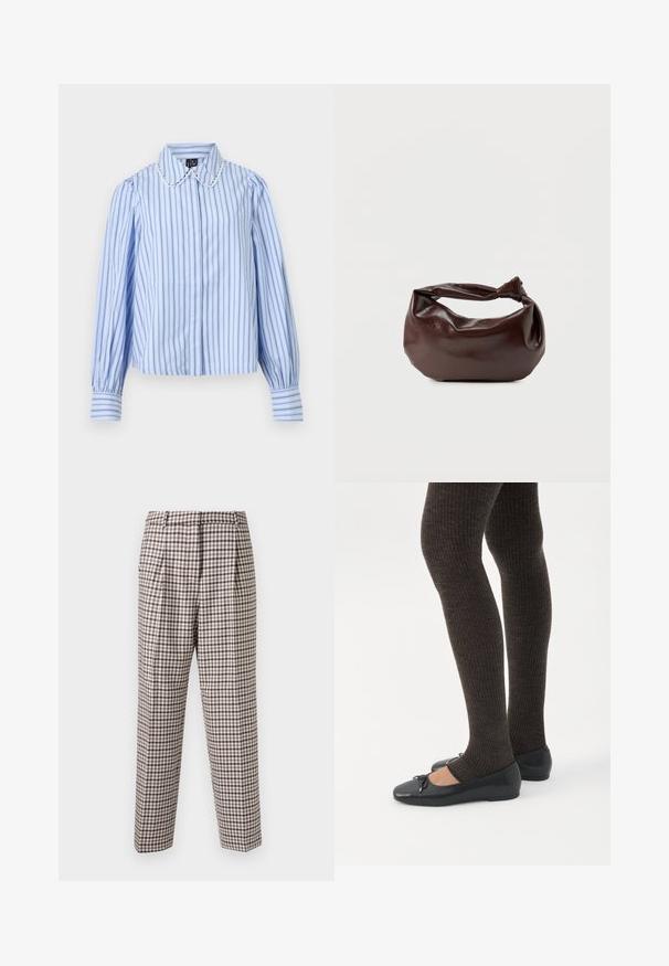 Blouse bleu clair avec des rayures verticales bleu foncé et blanches, manches longues bouffantes, poignets boutonnés, et col arrondi bordé de dentelle festonnée.; Pantalons à carreaux avec un motif quadrillé marron et blanc, devant plissé, coupe droite et texture lisse. Convient à diverses occasions.; Jambes portant des leggings côtelés foncés associés à des ballerines noires avec de petits détails en nœud sur fond blanc.; Sac bandoulière en cuir marron foncé avec une forme souple et décontractée et une anse nouée torsadée sur un fond blanc uni.