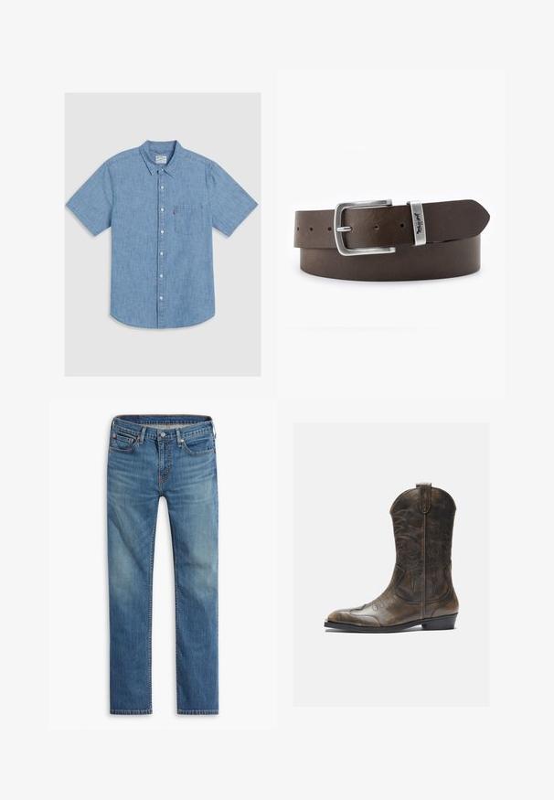 Lichtblauwe spijkerblouse met korte mouwen, voorzien van een borstzak, kraag en een licht gebogen zoom.; Blauwe rechte denim jeans met een sluiting van een knoop en rits aan de voorkant, vijf-pocket ontwerp en subtiele vervaging op de bovenbenen en knieën.; Bruine leren cowboylaars met een hoge schacht, spitse neus, ingewikkelde stikpatronen en een kleine hak. Gevarieerde afwerking overal.; Bruine leren riem met een zilverkleurige metalen gesp, voorzien van een rechthoekige vorm en meerdere gaten voor maatverstelling.