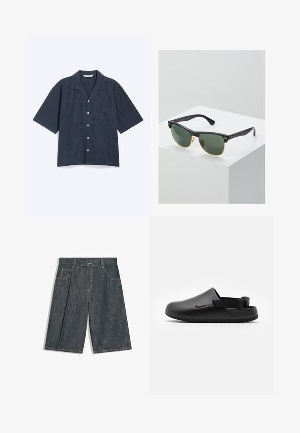 Mørkeblå kortærmet skjorte med knapper, med et subtilt ternet mønster, spids krave og en enkelt brystlomme.; Mørkegrå denim knælange shorts med knap foran, bæltestropper, to forlommer og synlige hvide syninger.; Sorte formede klipklapper med en glat overflade, rygstrop for stabilitet og en ribbet sål for greb. Fungerer med et lille logo på siden.; Ray-Ban solbriller med grønne linser, sorte plastikstel og gyldne detaljer ved kanterne. Firkantet form med mat finish.