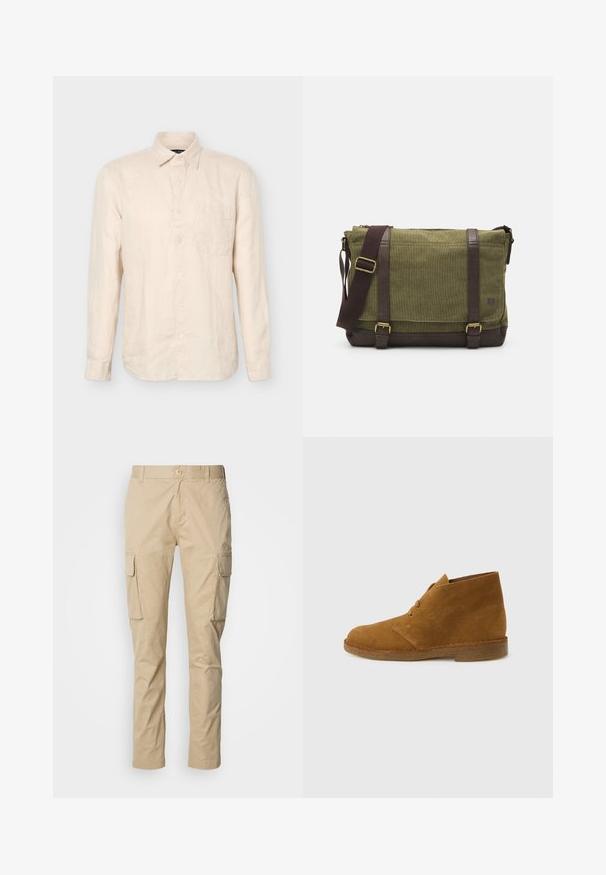 Chemise beige à manches longues avec boutons, col pointu et poche poitrine, vue de face sur un fond uni.; Pantalons cargo beiges à coupe droite, dotés de deux grandes poches latérales, d'une fermeture à bouton et fabriqués en tissu en coton léger.; Botte désert en daim marron montant à la cheville avec deux œillets et semelle en crêpe sur fond gris clair uni.; Sac messager en tissu vert avec des accents en cuir marron, un rabat à l'avant, une bandoulière réglable et une fermeture à glissière sur le dessus. Caractéristiques en métal doré.