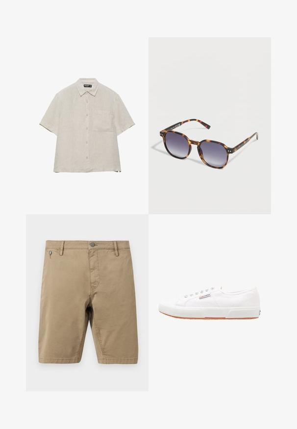 Chemise en lin beige à manches courtes avec boutons devant, une poche poitrine simple et un col classique, posée à plat sur un fond blanc.; Shorts en coton beige longueur genou avec fermeture avant à boutons et fermeture éclair, passants pour ceinture et deux poches avant.; Baskets en toile blanches avec une semelle en caoutchouc, design à lacets et une petite étiquette logo sur le côté. Tige blanche texturée et semelle extérieure marron.; Lunettes de soleil rectangulaires en écaille de tortue avec des verres à dégradé sombre, posées sur une surface blanche, inclinées pour montrer les détails du cadre côté gauche.
