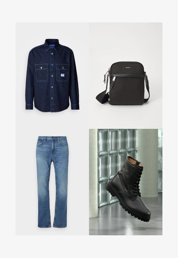 Dunkelblaues Jeanshemd mit Knopfleiste, langen Ärmeln, zwei Brusttaschen und blauem Markenschild. Verfügt über kontrastierende Nähte und klassisches Kragen-Design.; Blaue Jeans aus Denim mit geradem Bein-Design. Verfügt über fünf Taschen, einen Knopfverschluss und dezente Auswaschungen auf der Vorder- und Rückseite.; Schwarzer Leder-Schnürkampfstiefel mit dicker Sohle, goldenem "HUGO"-Logo an der Seite, präsentiert in modernem Innenraum mit Glasbausteinwand im Hintergrund.; Schwarze Umhängetasche aus strukturiertem Stoff, mit Logo auf der Vorderseite, Reißverschluss und verstellbarem Tragegurt. Verfügt über eine glatte Lederbesatz.