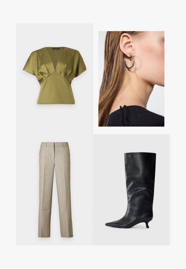 Haut vert olive avec un col en V et des manches courtes, présentant des détails plissés au niveau de la poitrine. Fabriqué dans un tissu lisse et doux.; Pantalon beige à fines rayures avec une coupe droite, doté d'une ceinture structurée et d'une texture subtile sur l'ensemble du tissu.; Bottes en cuir noires jusqu'aux genoux avec un bout pointu et un petit talon, présentées sur un fond clair.; Boucle d'oreille en argent avec une finition polie, présentant de petits détails en or et de forme ronde, portée sur le lobe.