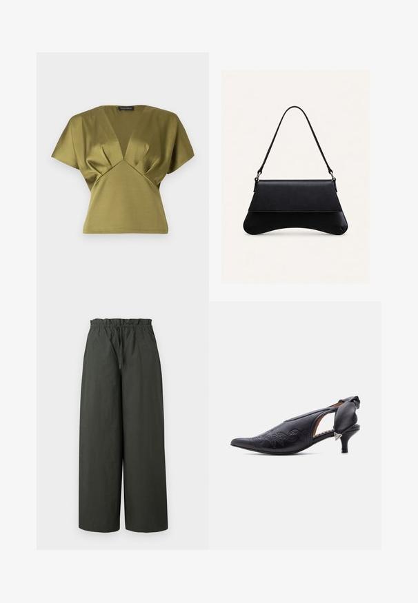 Haut vert olive avec un col en V et des manches courtes, présentant des détails plissés au niveau de la poitrine. Fabriqué dans un tissu lisse et doux.; Pantalons à jambe large en tissu vert foncé, dotés d'une taille élastique et d'une texture lisse, sans matériel ou motifs visibles.; Escarpin slingback en cuir noir à bout pointu avec détails brodés et petit talon kitten, comprenant un nœud rembourré et un accent triangulaire argenté.; Sac à main en cuir noir avec un fond arrondi, une fermeture à rabat et une seule fine bandoulière, sur un fond clair uni.