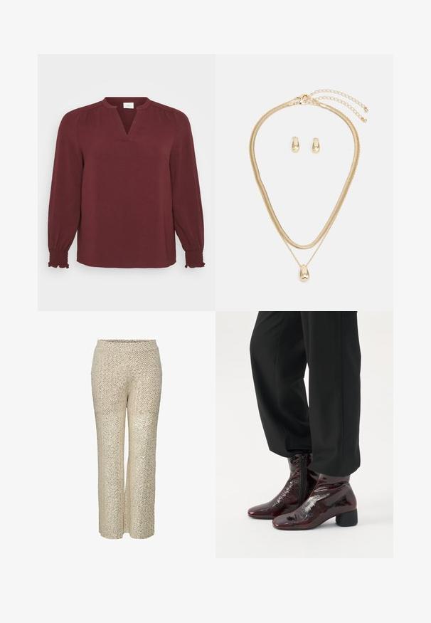 Bordeauxbluse med lange ærmer, V-hals, plissee-detaljer ved skuldrene og elastiske manchetter. Lavet af tekstilt, letvægtsstof.; Beige palazzo bukser med pailletter og zigzag-mønster, høj talje og bred ben-design, der har en glat tekstur og en skinnende overflade.; Skinnende mørkerøde ankelstøvler med sidelommer, båret med løstsiddende sorte bukser mod en ensfarvet baggrund.; Guldsmykkesæt med en lagdelt halskæde med en dråbeformet vedhæng og matchende stud øreringe, alt sammen med en poleret overflade.