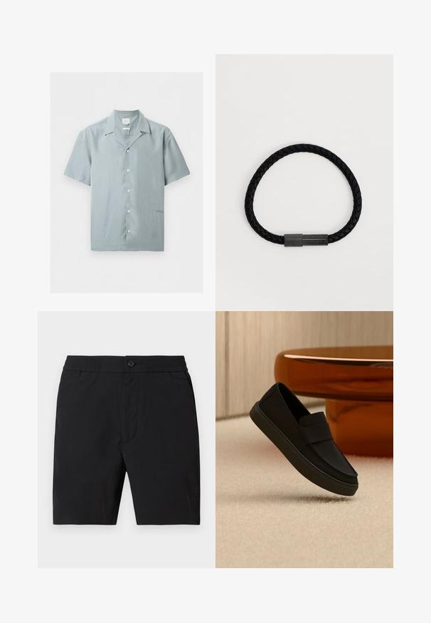 Chemise bleu clair à manches courtes avec col, cinq boutons blancs sur le devant et un logo discret Calvin Klein près de l'ourlet.; Shorts mi-longs pour hommes noirs avec taille élastique, fermeture par bouton et poches latérales, présentés sur un fond uni.; Mocassin noir à enfiler flottant au-dessus d'un tapis beige avec un meuble rond en bois brun brillant en arrière-plan.; Bracelet en cuir tressé noir avec une fermeture cylindrique en métal sur un fond clair uni.
