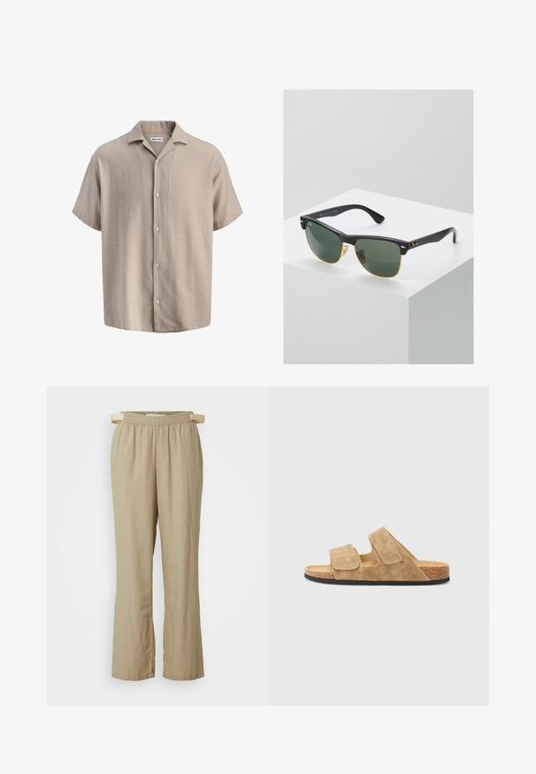 Chemise beige à manches courtes avec boutonnage, col de style camp, tissu texturé et étiquette Jack & Jones à l'intérieur de l'encolure.; Pantalons beige à jambes larges en tissu léger. Taille élastique avec cordon de serrage. Comprend des poches avant et des jambes droites.; Sandales en daim beige clair avec deux sangles Velcro réglables, une semelle en liège et une semelle en caoutchouc noir texturé. Design plat, style ouvert à l'avant.; Lunettes de soleil Ray-Ban avec des verres verts, monture en plastique noir et accents dorés sur les bords. Forme carrée avec une finition mate.