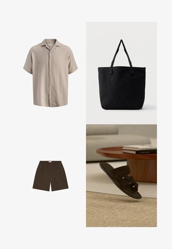 Chemise beige à manches courtes avec boutonnage, col de style camp, tissu texturé et étiquette Jack & Jones à l'intérieur de l'encolure.; Shorts décontractés marron avec taille élastique, poches latérales et logo discret de la marque près de l'ourlet sur la jambe droite.; Sandale noire à bout ouvert avec des brides croisées flottant au-dessus d’un tapis beige texturé dans un salon moderne.; Sac fourre-tout en toile noire avec deux bandoulières et un motif circulaire discret en relief sur le devant.