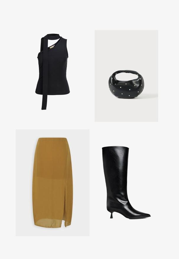 Musta hihaton toppi epäsymmetrisellä pääntiellä ja pitkä kangasnauha roikkumassa edessä valkoisella taustalla.; Weekday CRINKLE SKIRT - A-linjainen hame - brown; Mustassa nahasta valmistetut polvipituiset saappaat, joissa on teräväkärkinen muotoilu, hoikka siluetti ja matala lohkarekorko, joka kiiltää.; Musta nahkainen käsilaukku, jossa on pyöreä muoto, koristeltu hopeisilla niittikoristeilla ja lyhyt kahva. Sileä pinta ja vetoketjullinen suljenta.