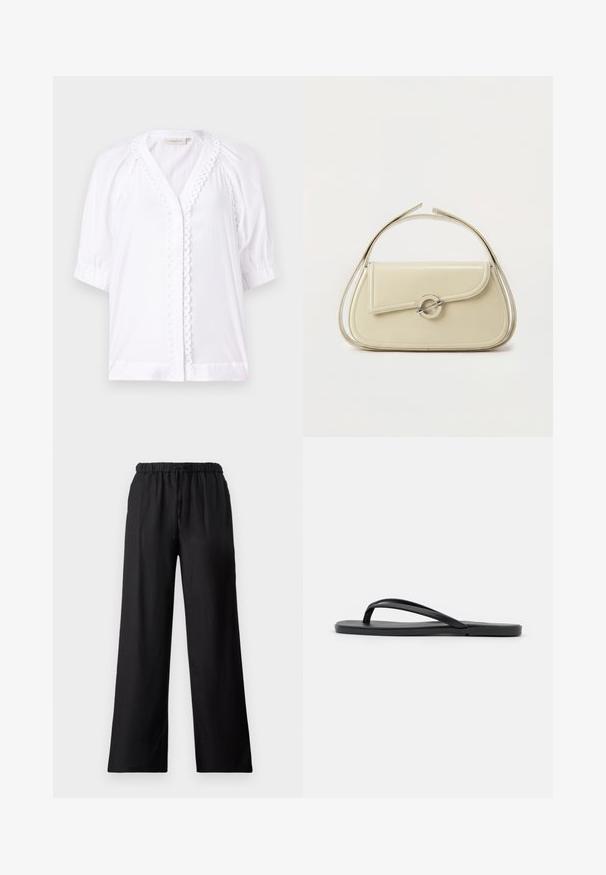 Blouse blanche avec des manches courtes bouffantes, décolleté en V, bordure festonnée le long de la patte de boutonnage et texture de tissu lisse. Aucune fermeture visible.; Pantalons larges noirs en tissu léger, dotés d'une taille élastique avec cordon de serrage et d'une texture lisse.; Tongs noires au design minimaliste avec une semelle plate, des brides étroites et une texture lisse. Pas de motifs ou d'accents supplémentaires.; Sac à main en cuir crème avec rabat incurvé, fermoir circulaire en argent et poignée courte sur le dessus, sur fond blanc uni.