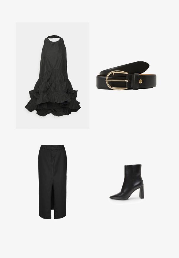 AKNVAS SONIA - Pluus - black; Musthave mustriba mustriba, millel on esi lõhik, on valmistatud kerge kangaga. Omab klassikalist vööd ja peeneid külge taskuid.; Mustast kunstnahast põlviksaapad terava nina, kõrge plokktalaga ja siledapinnaline tekstuuriga. Minimalistlik disain ilma nähtavate kaunistusteta.; Must esinduslik must nahkrihm, millel on sile tekstuur, kuldse tooni metallist pandla ja disain, mis sisaldab nõela ja rihma hoidjat.
