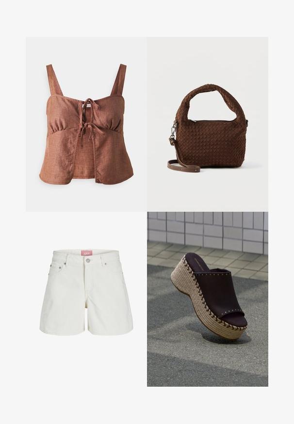 Brun linned crop top med justerbare stropper, frontknude-detalje og samlede detaljer i siderne. Glat tekstur og afslappet pasform.; Hvide denim shorts med mellemhøj talje, fem lommer og et pink logo mærke på taljebåndet. Har en klassisk knap- og lynlåslukning.; Sort slip-on platformsandal med flettet rebssål og metalnitter på flisebelagt gulv.; Brun vævet håndtaske med et rundt håndtag, sølvfarvede detaljer og en justerbar rem. Har lynlåslukning og en struktureret overflade.