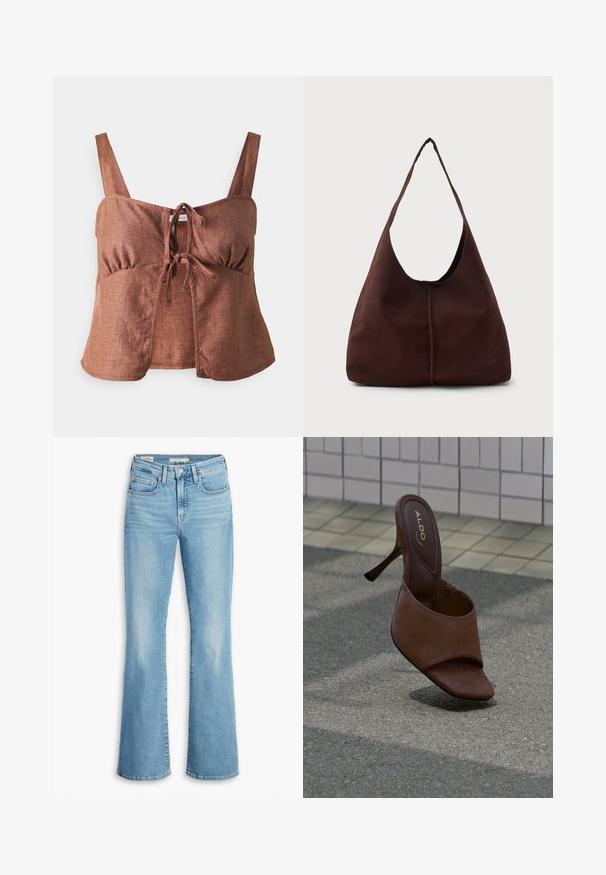 Bruine linnen crop-top met verstelbare bandjes, voorste knoopdetail en geplooide accenten aan de zijkanten. Soepele textuur en een relaxte pasvorm.; Lichtblauwe denim flared jeans met een hoge taille, vijf zakken, subtiele kreukjes en een klassieke gestikte zoom. Soepele textuur, casual ontwerp.; Bruine mule met hoge hak en open teen met ALDO-logo op de binnenzool, staand op een gestructureerd voetpad naast een betegelde muur.; Bruine suède hobo tas met een grote, gebogen opening en een brede schouderband. Heeft een centrale naad aan de voorkant. Glad van structuur.