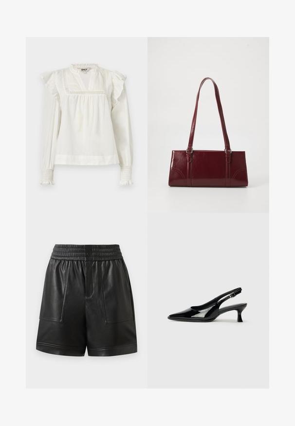Blusa blanca de algodón con cuello alto, mangas con volantes y adorno de encaje decorativo en la parte delantera. Presenta puños ajustados con un diseño fruncido.; Pantalones cortos de imitación cuero negro con cinturilla elástica, botón a presión en la parte delantera, grandes bolsillos de parche en la parte delantera y dobladillo recto.; Zapatos de charol negro tipo slingback con punta afilada y tacón bajo. Correa ajustable con hebilla en el tobillo.; Bolso burdeos hecho de material brillante, de forma rectangular, con dos asas para el hombro y sutiles acentos curvados en la parte frontal.