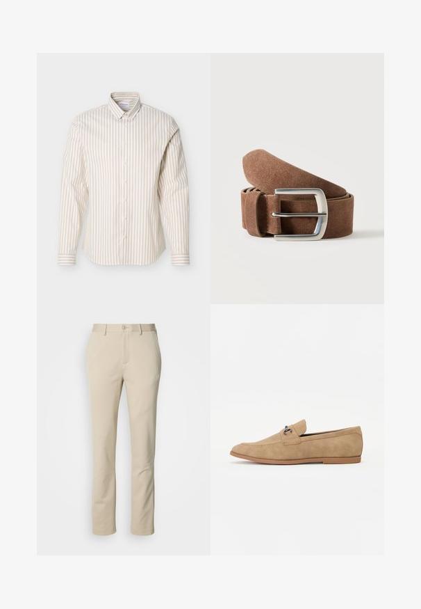 Chemise à manches longues beige et blanche à rayures verticales avec col boutonné, présentée sur un fond blanc uni.; Pantalons en coton beige avec une coupe droite, fermeture à bouton et devant plat. Le matériau a une texture lisse et un minimum de détails.; Pier One by Zalando Mocassins - beige; Ceinture en daim marron roulée avec une boucle rectangulaire en métal argenté sur un fond clair uni.