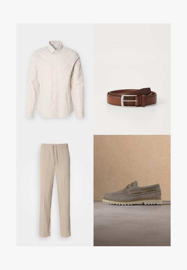Beige en wit gestreept overhemd met lange mouwen en knoopsluiting, voorzien van een button-down kraag, getoond op een effen witte achtergrond.; Beige, relaxte broek gemaakt van zachte stof, met een elastische tailleband met een trekkoord en rechte pijpen met minimale accenten.; Lichtbruine suède loafer met beige veters en robuuste witte zool, zwevend boven een beige tapijt in een minimalistische kamer.; Bruine leren riem met een gladde afwerking, voorzien van een metalen gesp in zilver en subtiele stiksels langs de randen. Tijdloos en duurzaam ontwerp.