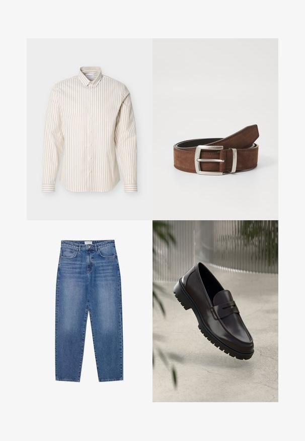 Beige en wit gestreept overhemd met lange mouwen en knoopsluiting, voorzien van een button-down kraag, getoond op een effen witte achtergrond.; Blauwe denim jeans met een hoge taille, rechte pijpen en een vervaagde afwerking. Beschikt over vijf zakken en een knoopsluiting.; Bruine leren loafers met een getextureerde, geribbelde rubberen zool. Beschikt over een slank ontwerp en een decoratieve band over de wreef.; Bruine suède riem met een zilveren metalen gesp en een lineaire stikseldetail. De riem is plat en heeft een klassiek formaat en vorm.