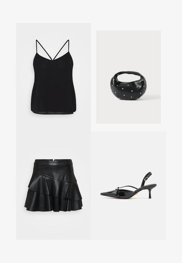 Zwarte tanktop met verstelbare dunne bandjes, V-hals en een gladde, licht doorzichtige stof. Casual ontwerp met een losse fit.; Zwarte leren mini-rok met een aansluitende tailleband en drie lagen volants, voorzien van een gladde textuur en een verborgen rits aan de achterkant.; ALDO MARIETTA PILLOW WALK - Klassieke pumps - black; Zwarte leren handtas met een afgeronde vorm, versierd met zilveren studs, en een korte handgreep. Gladde textuur en ritsluiting.