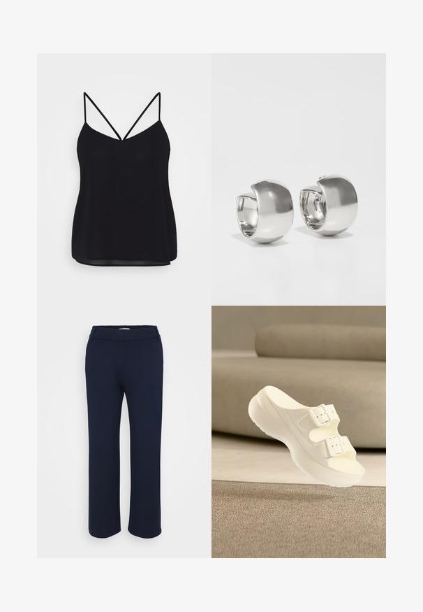 Sort cami-top med justerbare tynde stropper, V-halsudskæring og et glat, let gennemsigtigt stof. Afslappet design med en løs pasform.; Marineblå lige ben bukser lavet af strækbart stof, med en flad talje og to sidelommer for funktionalitet.; Hvid klipklap med to justerbare spænder og en tyk sål, placeret foran en beige sofa på et tekstureret tæppe.; Uncommon Matters SCULPTURAL LARGE CREOLE - Øreringe - silver-coloured