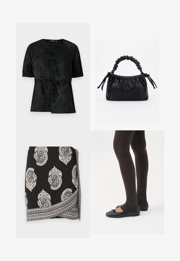 Sort kortærmet bluse med subtilt blomster-jacquardmønster, tre frontlukkemekanismer med snøring og elastiske ærmekanter.; Sort indpakket nederdel med hvide paisley-mønstre og et detaljeret kantdesign. Fremstillet af letvægtsstof med en glat tekstur.; Ben iført mørke ribbede leggings kombineret med sorte balletsko med små sløjfedetaljer på hvid baggrund.; Sort taske med krokodilletekstur, rynket øverste kant, samlet hank og snore med kvaster på hver side mod en hvid baggrund.