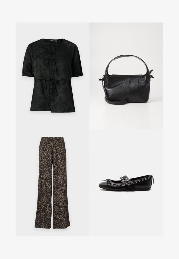 Sort kortærmet bluse med subtilt blomster-jacquardmønster, tre frontlukkemekanismer med snøring og elastiske ærmekanter.; Bukser med vide ben med leopardprint i jordfarver af brun og sort, lavet af et blødt, let stof med en elastisk talje.; Sort flad balletsko med dobbelt spænde, sølvøjer og en lille sløjfe nær den runde tå på en hvid baggrund.; Sort læderhåndtaske med et struktureret design, rund tophåndtag og aftagelig skulderrem. Den har en glat tekstur og en subtil glans.